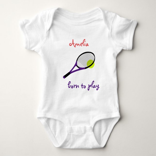 Born to play, Tennis Ball and Racquet, Personalise Baby Bodysuit (Front)