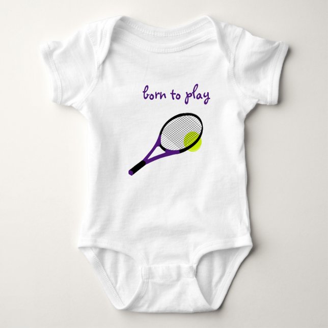 Born to play, Tennis Ball and Racquet, Trendy Chic Baby Bodysuit (Front)