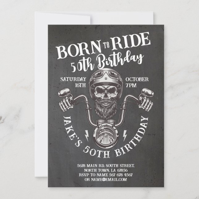 Born To Ride Biker Birthday Skull Chalk Invitation (Front)