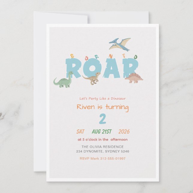 Born to Roar Baby Kid Dinosaur 2nd Birthday Invitation (Front)