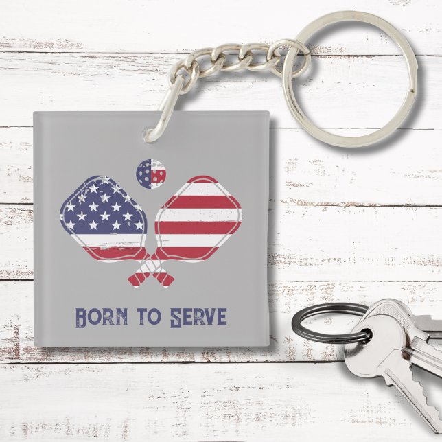 Born to Serve American Flag Pickleball  Key Ring (Creator Uploaded)
