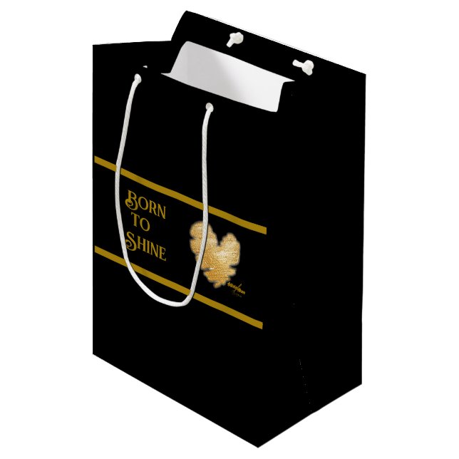 Born to Shine Black and Gold Medium Gift Bag (Front Angled)