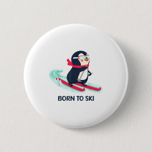 Born to ski cute penguin skiing winter animal 6 cm round badge