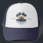 Born To Surf Palm Trees Surfboard Vintage Logo Trucker Hat<br><div class="desc">Born to Surf,  vintage style surfboard,  sunset and palm tree logo in rustic navy blue.</div>