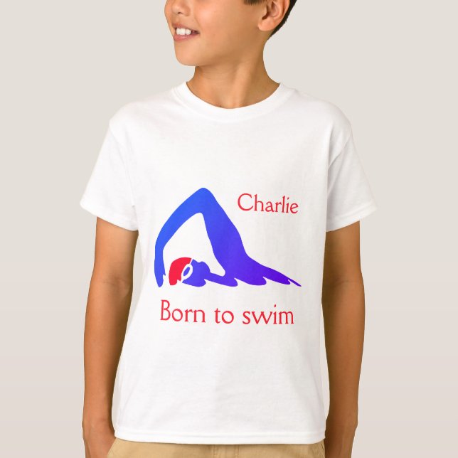 Born to swim, boy's, blue, with your name T-Shirt (Front)
