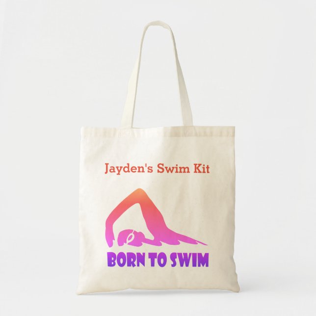 Born to swim, pink to orange swimmer and your name tote bag (Front)