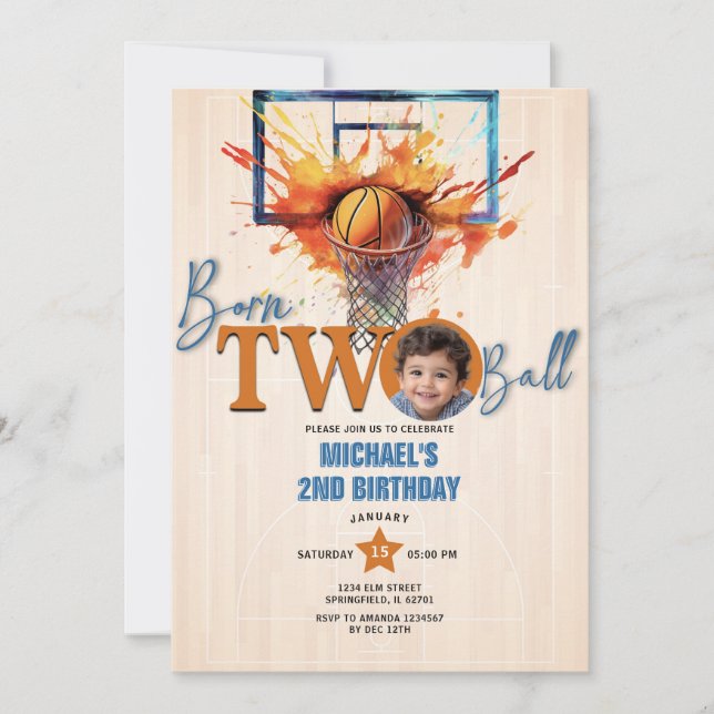 Born Two Ball Boy's Basketball 2nd Birthday Party Invitation (Front)