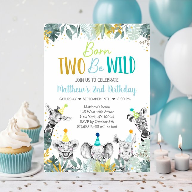 Born Two Be Wild Blue Gold Party Animal Birthday Invitation (Creator Uploaded)