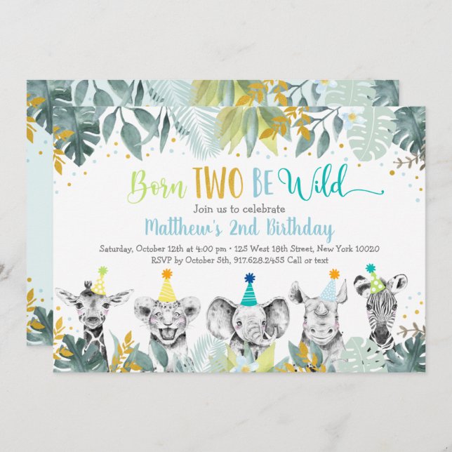 Born Two Be Wild Blue Gold Party Animal Birthday Invitation (Front/Back)