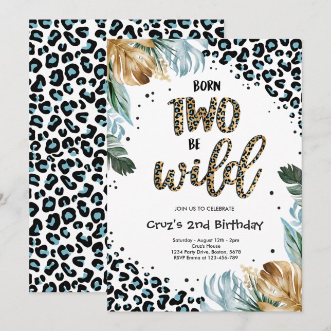 Born Two Be Wild Boy Jungle Leopard Print Birthday Invitation (Front/Back)