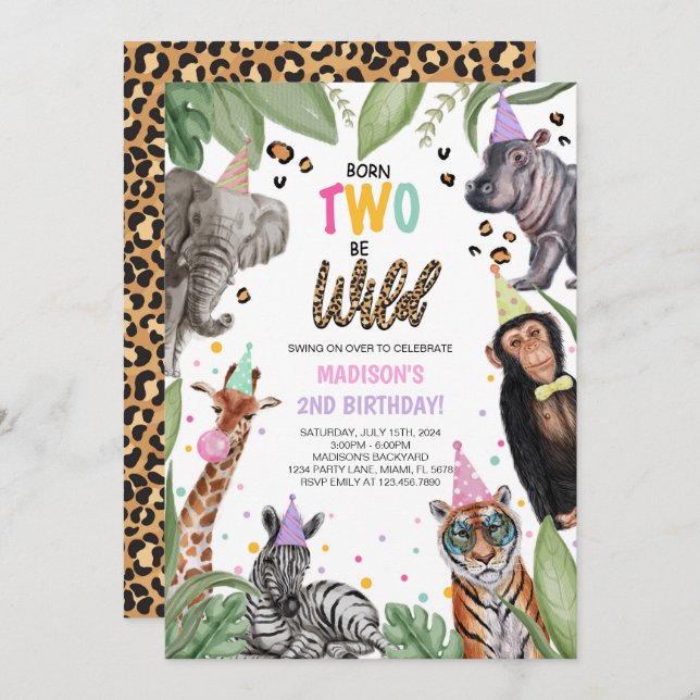 Born TWO Be Wild Safari 2nd Birthday Invitation (Front/Back)