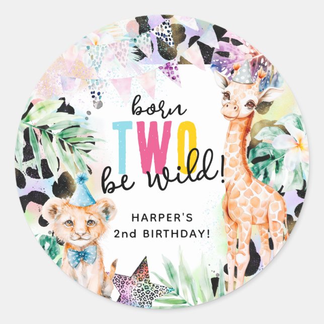 Born TWO be Wild Safari Animals Cool 2nd Birthday Classic Round Sticker (Front)