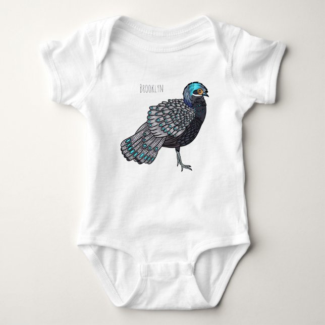 Bornean peacock-pheasant bird cartoon illustration baby bodysuit (Front)