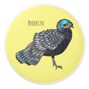 Bornean peacock-pheasant bird cartoon illustration ceramic knob