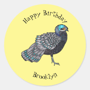 Bornean peacock-pheasant bird cartoon illustration classic round sticker