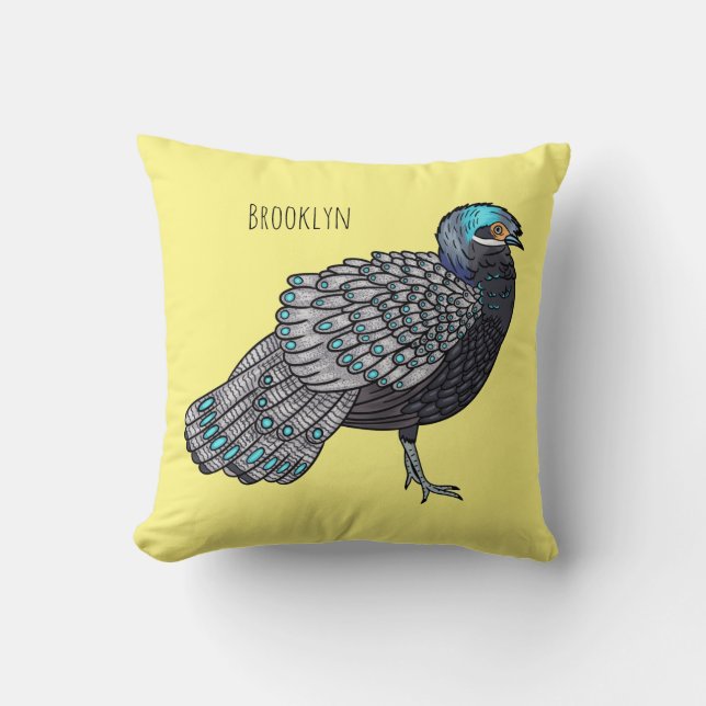 Bornean peacock-pheasant bird cartoon illustration cushion (Front)