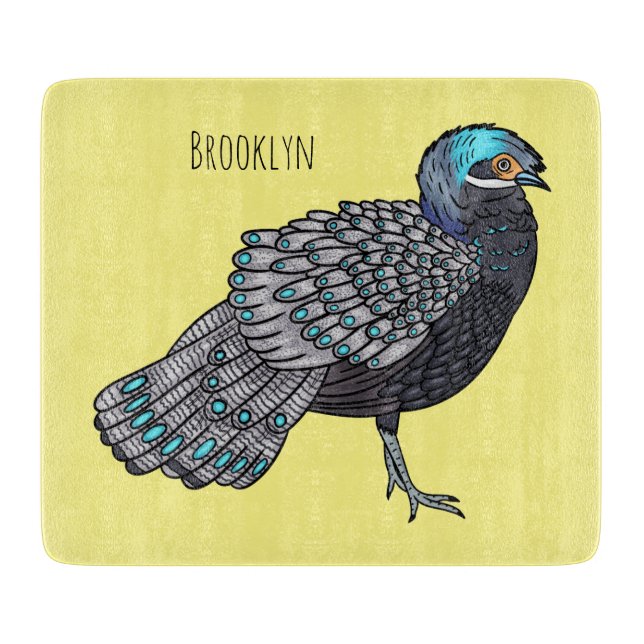 Bornean peacock-pheasant bird cartoon illustration cutting board (Front)