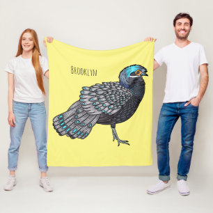 Bornean peacock-pheasant bird cartoon illustration fleece blanket