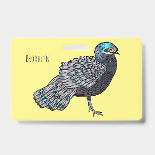 Bornean peacock-pheasant bird cartoon illustration ID badge