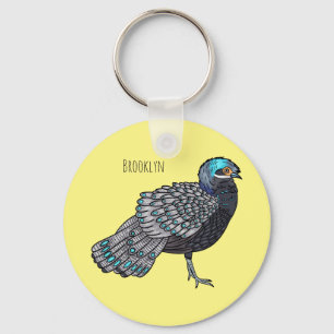 Bornean peacock-pheasant bird cartoon illustration key ring