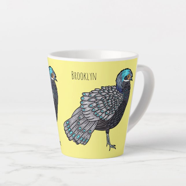 Bornean peacock-pheasant bird cartoon illustration latte mug (Right Angle)