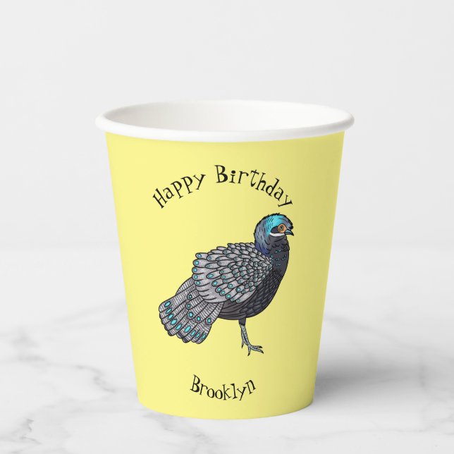 Bornean peacock-pheasant bird cartoon illustration paper cups (Front)