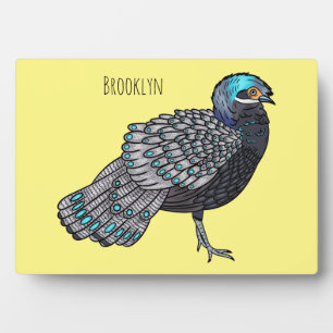 Bornean peacock-pheasant bird cartoon illustration plaque