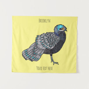 Bornean peacock-pheasant bird cartoon illustration tapestry