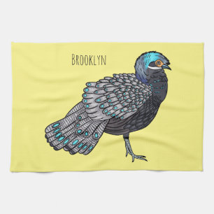 Bornean peacock-pheasant bird cartoon illustration tea towel