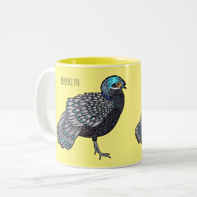 Bornean peacock-pheasant bird cartoon illustration Two-Tone coffee mug (Front Left)