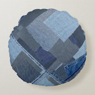 Boro Boro Blue Jean Patchwork Denim Shibori Round Cushion