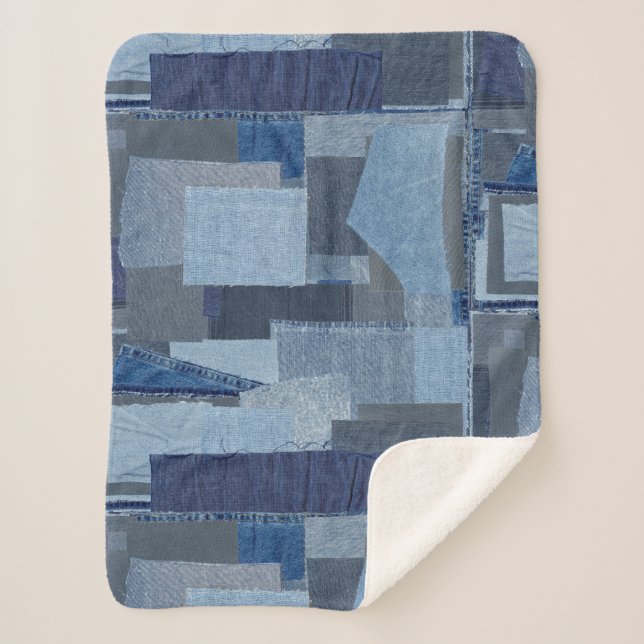 Boro Boro Blue Jean Patchwork Denim Shibori Sherpa Blanket (Front)