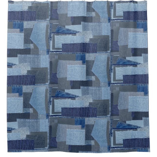 Boro Boro Blue Jean Patchwork Denim Shibori Shower Curtain (Front)