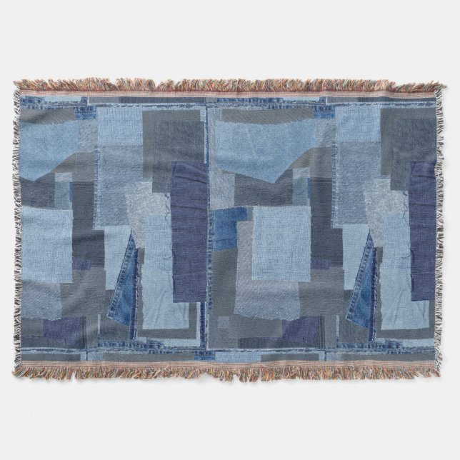 Boro Boro Blue Jean Patchwork Denim Shibori Throw Blanket (Front)