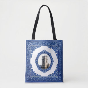 Borsa Tote in Tela con Motivo Azulejo e Iniziale Bag