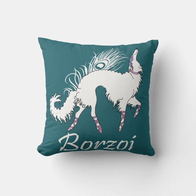 Borzoi Ballet White-Teal Pillow (Front)