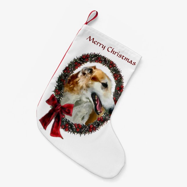 Borzoi Christmas Wreath Small Christmas Stocking (Front (Hanging))