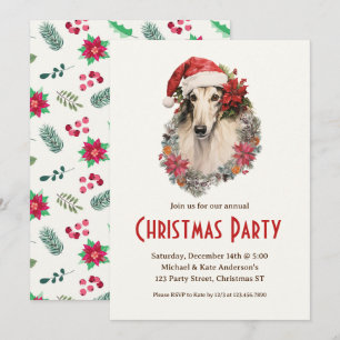 Borzoi Dog Santa Hat Poinsettias Christmas Party Invitation