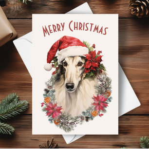 Borzoi Dog Santa Hat Red Poinsettias Christmas Card
