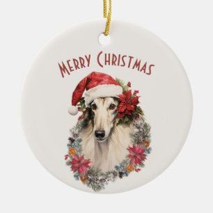 Borzoi Dog Santa Hat Red Poinsettias Christmas Ceramic Ornament