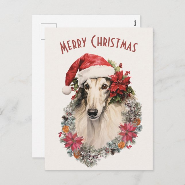 Borzoi Dog Santa Hat Red Poinsettias Christmas Holiday Postcard (Front/Back)