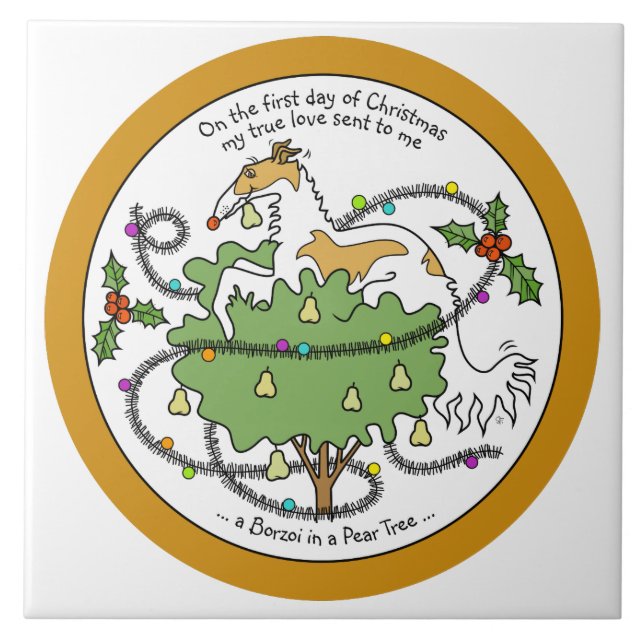 Borzoi First Day of Christmas Ceramic Tile (Front)