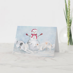 Borzoi Playing with Snowman Dog Art Greeting Card