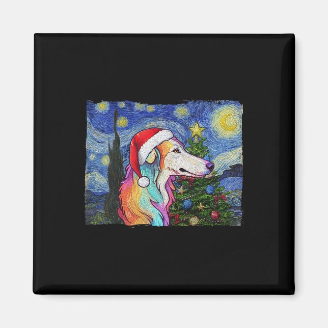 Borzoi Santa Hat Christmas Starry Night Dog Art Pa Magnet (Front)