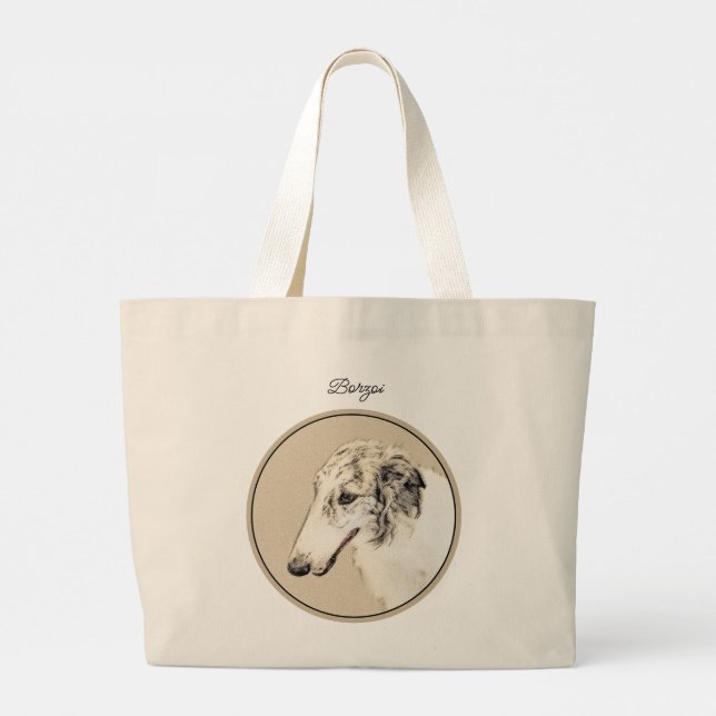 Borzoi Silver Brindle Painting Wolfhound Dog Art Large Tote Bag (Back)