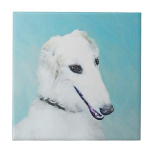 Borzoi (White) Painting - Cute Original Dog Art Ceramic Tile
