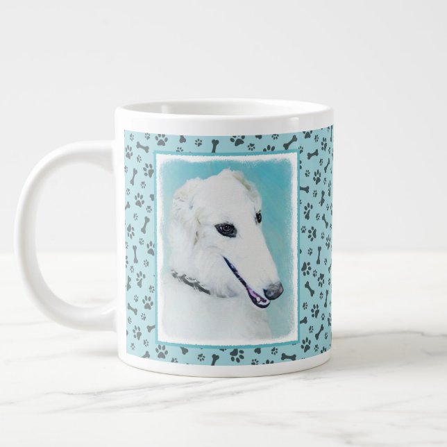 Borzoi (White) Painting - Cute Original Dog Art Large Coffee Mug (Left)