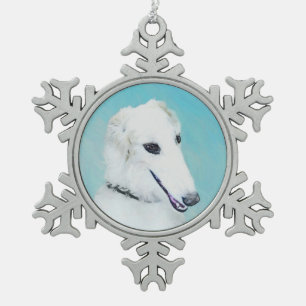 Borzoi (White) Painting - Cute Original Dog Art Snowflake Pewter Christmas Ornament