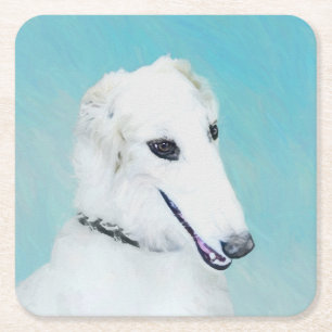 Borzoi (White) Painting - Cute Original Dog Art Square Paper Coaster