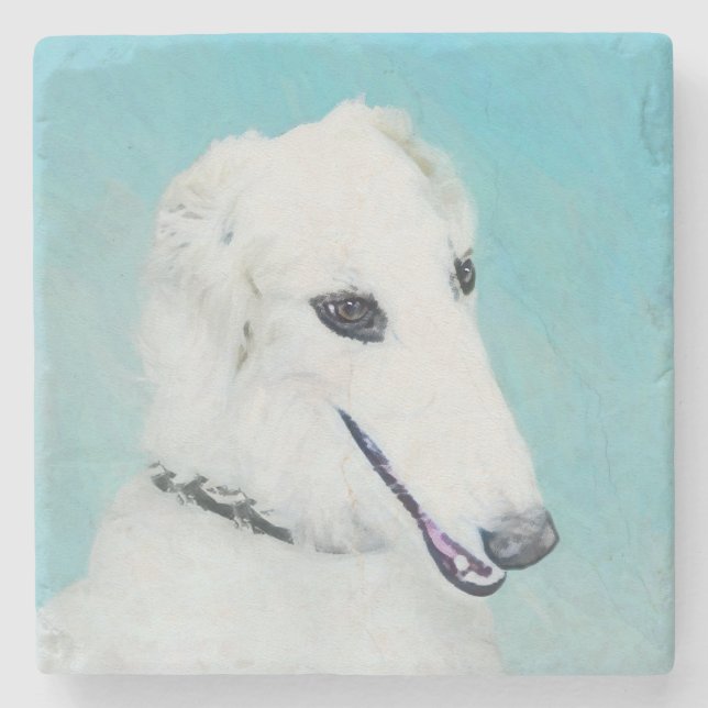 Borzoi (White) Painting - Cute Original Dog Art Stone Coaster (Front)